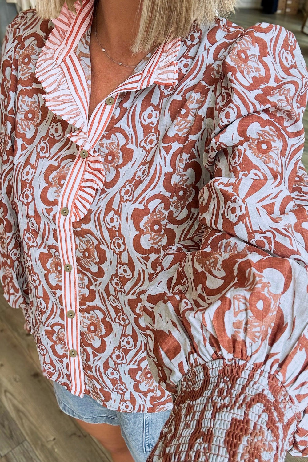 Floral Print Frilled Striped Trim Button Down Smocked Cuffs Long Sleeve Shirt