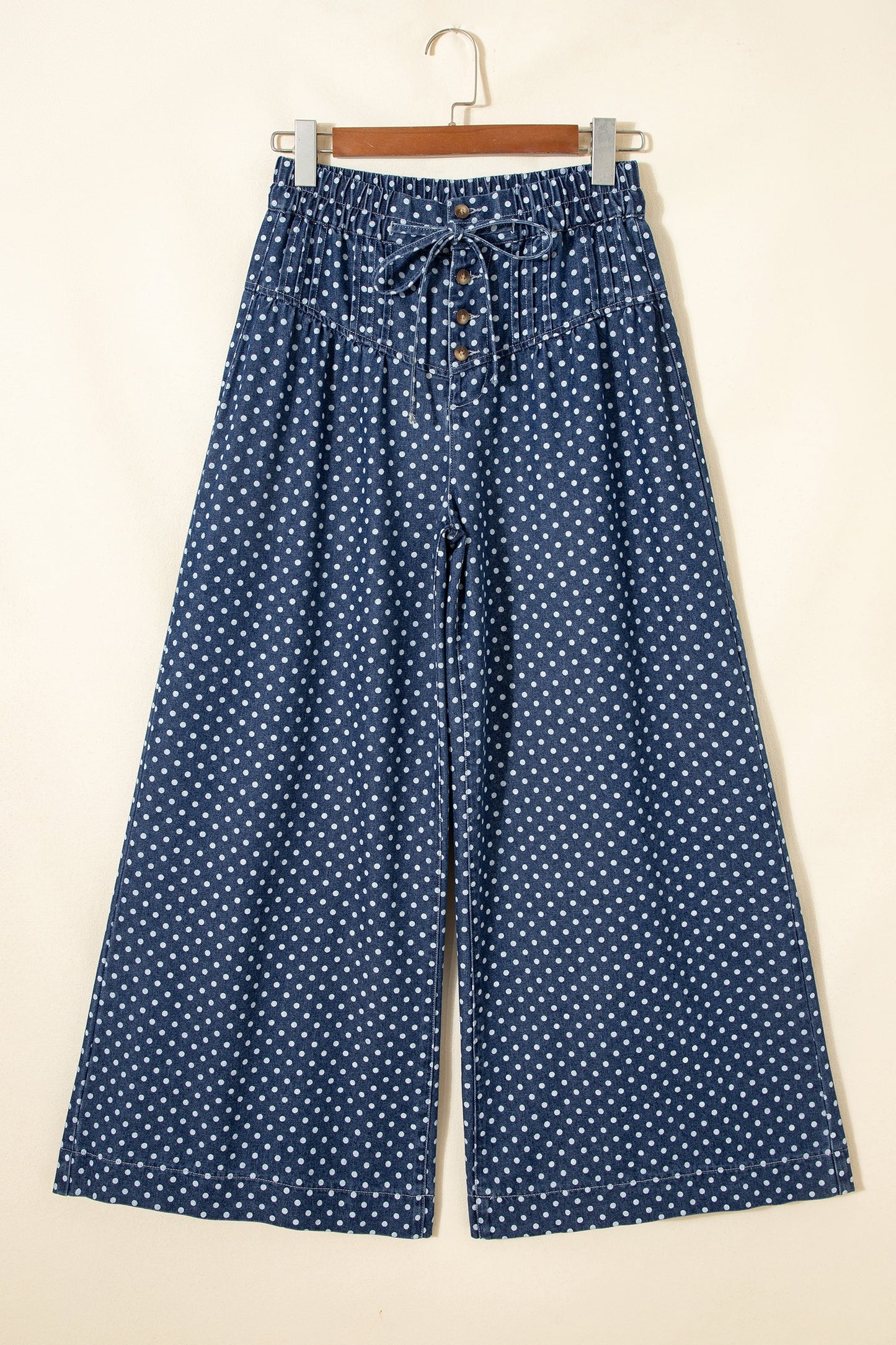 Blue Polka Dot Print Button Pleated Detail Wide Leg Jeans