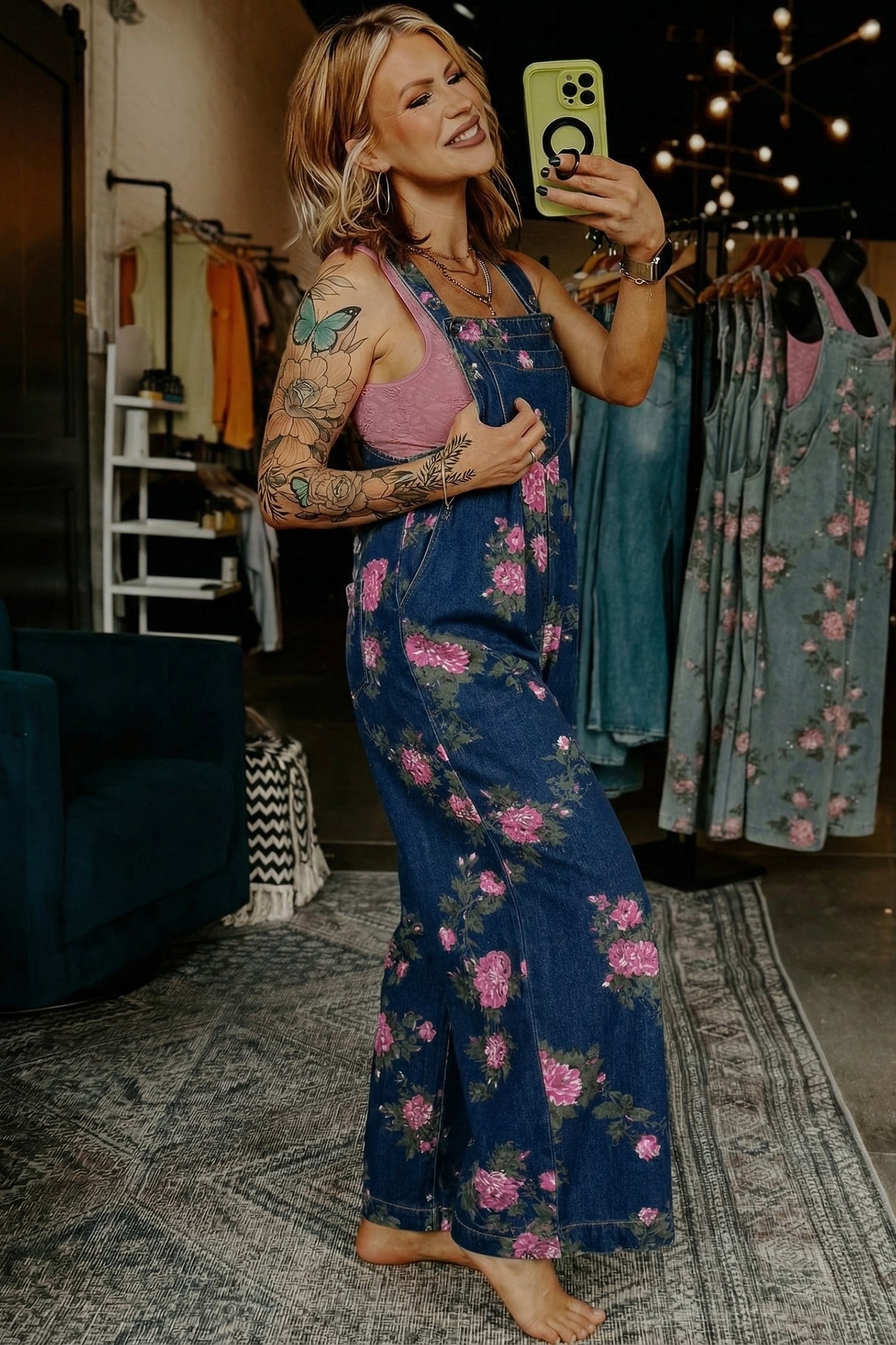 Floral Print Pleated High Waist Wide Leg Denim Jumpsuit