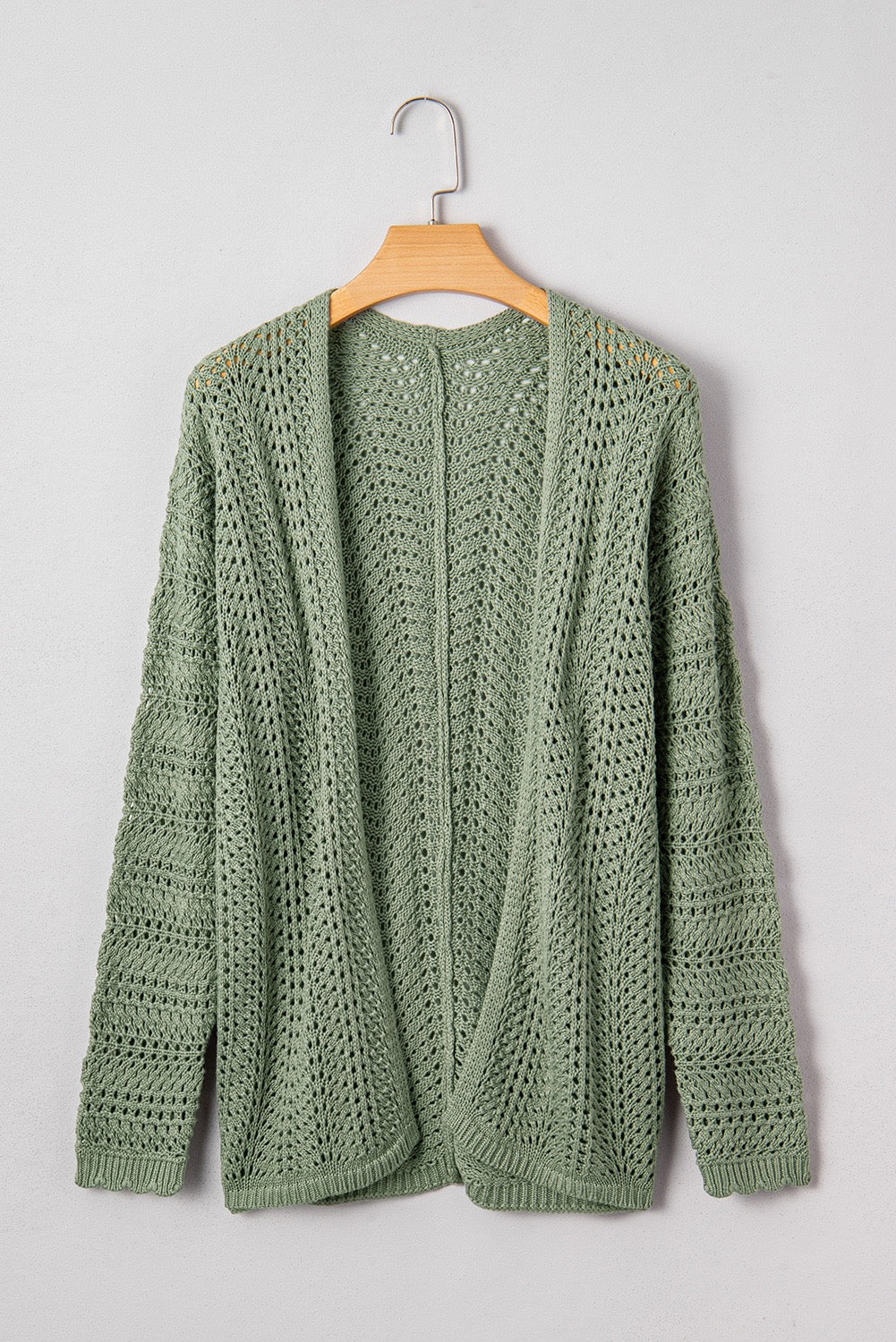 Green Scalloped Edge Eyelet Knit Batwing Sleeve Cardigan
