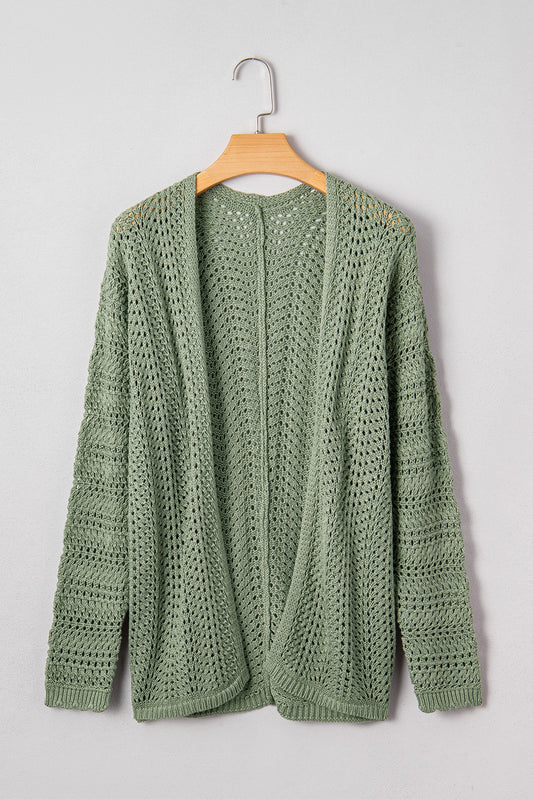 Green Scalloped Edge Eyelet Knit Batwing Sleeve Cardigan