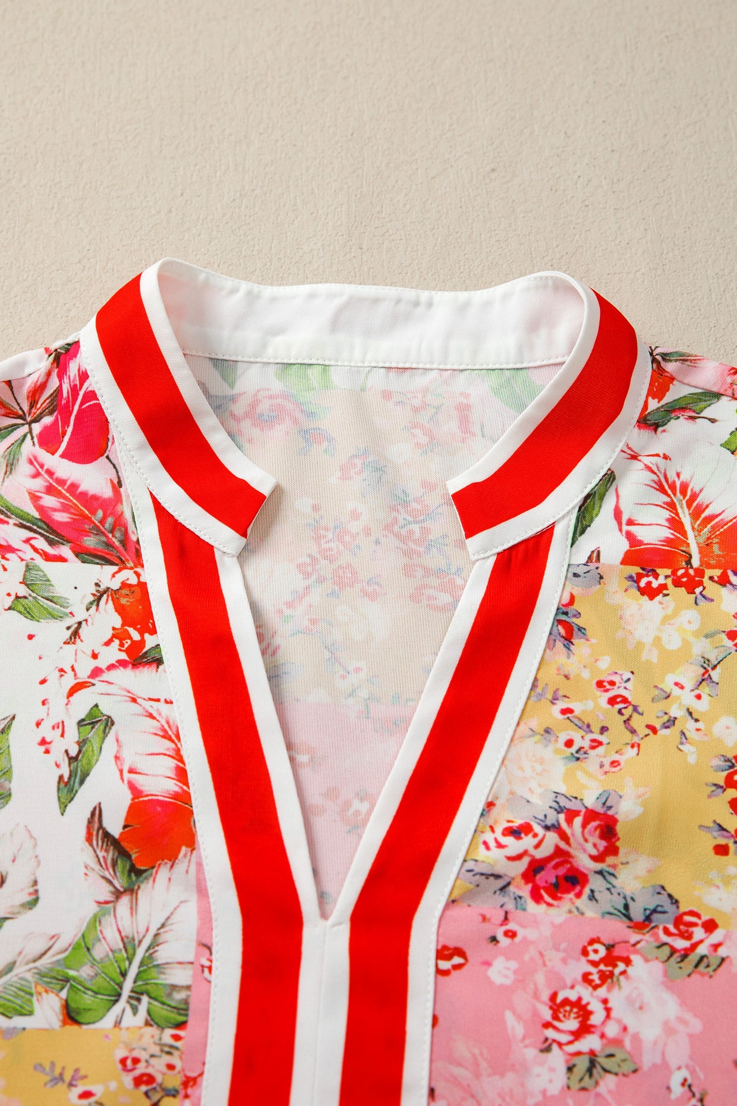 White Floral Print Striped Patchwork Button Neck Short Sleeve Blouse