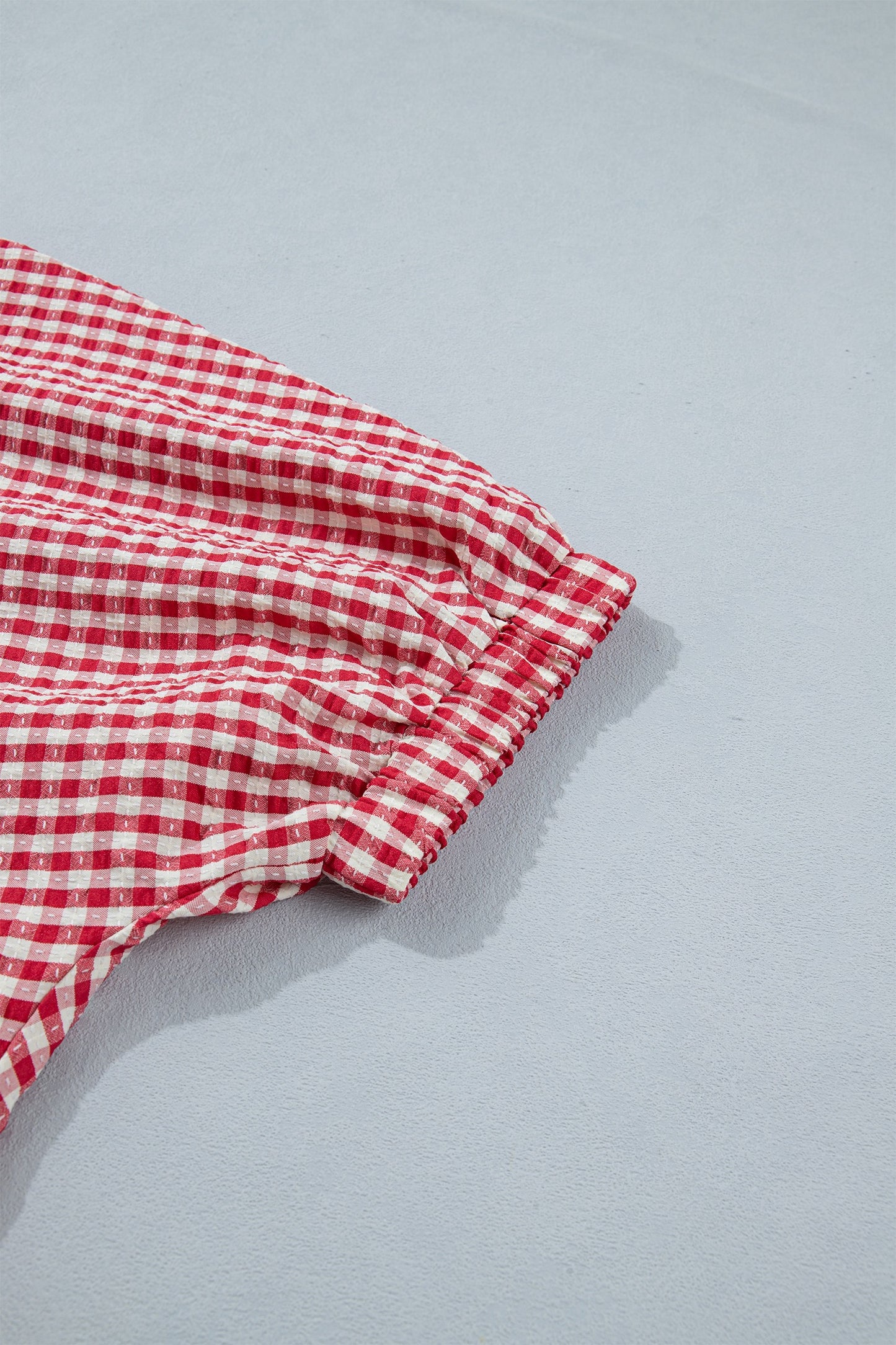 Red Plaid Short Sleeve Colorblock Trim Blouse