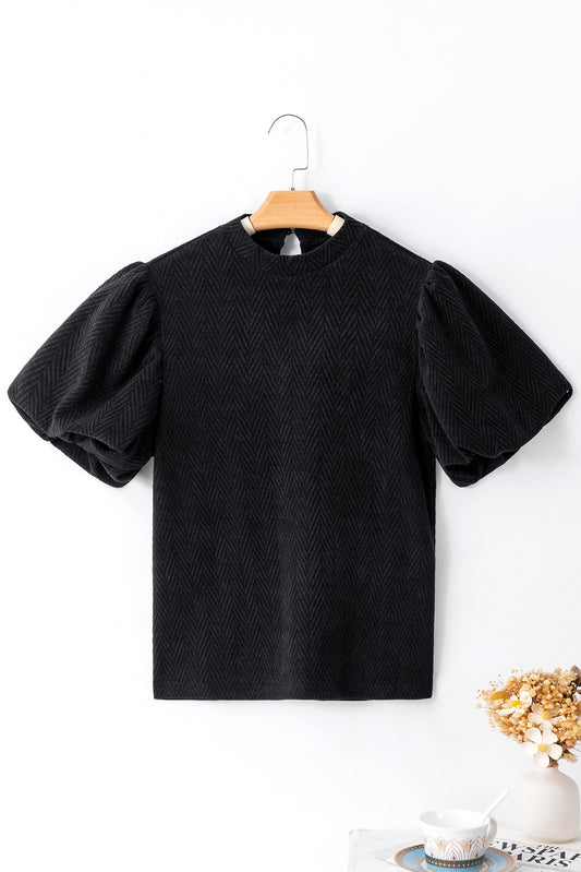 Black Textured Puff Sleeve Blouse