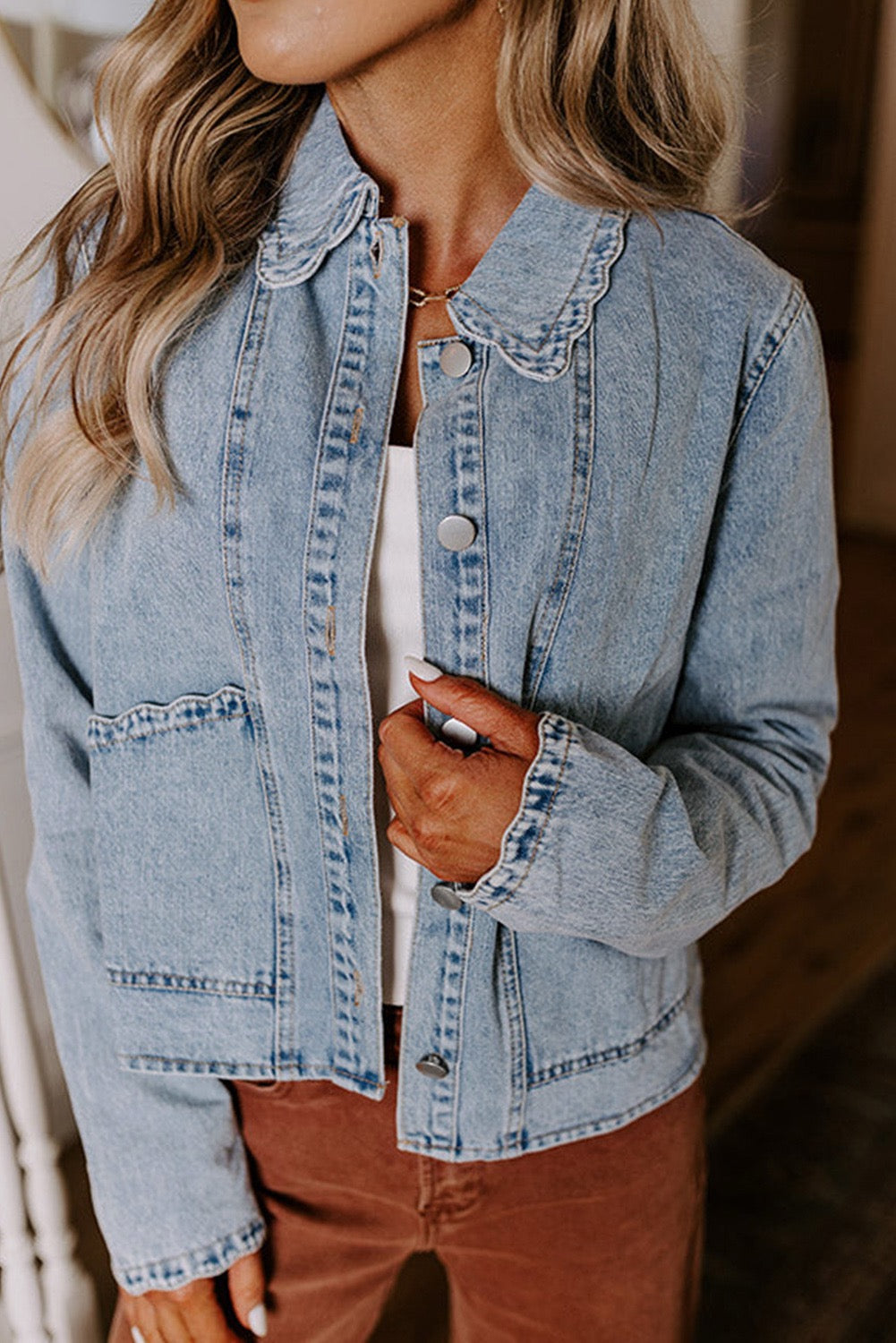 Scallop Trim, Button Up Denim Jacket, Medium Wash