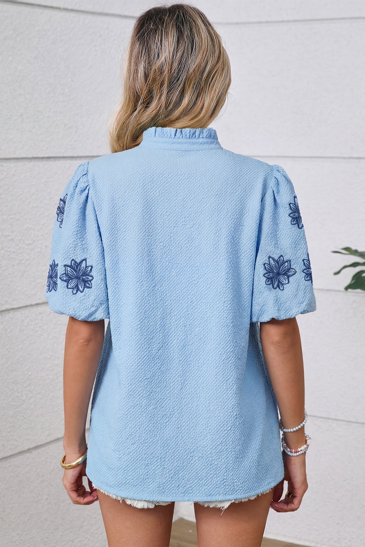 Flower Embroidered Puff Sleeve Split Neck Textured Blouse