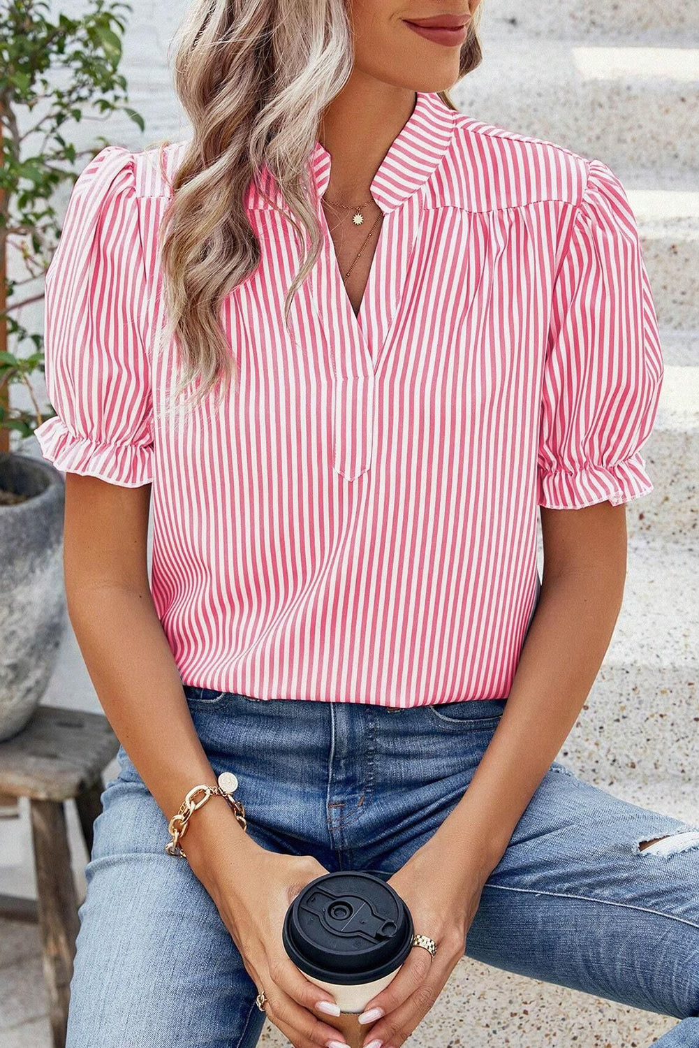 Pink Striped V Neck Puff Sleeve Blouse