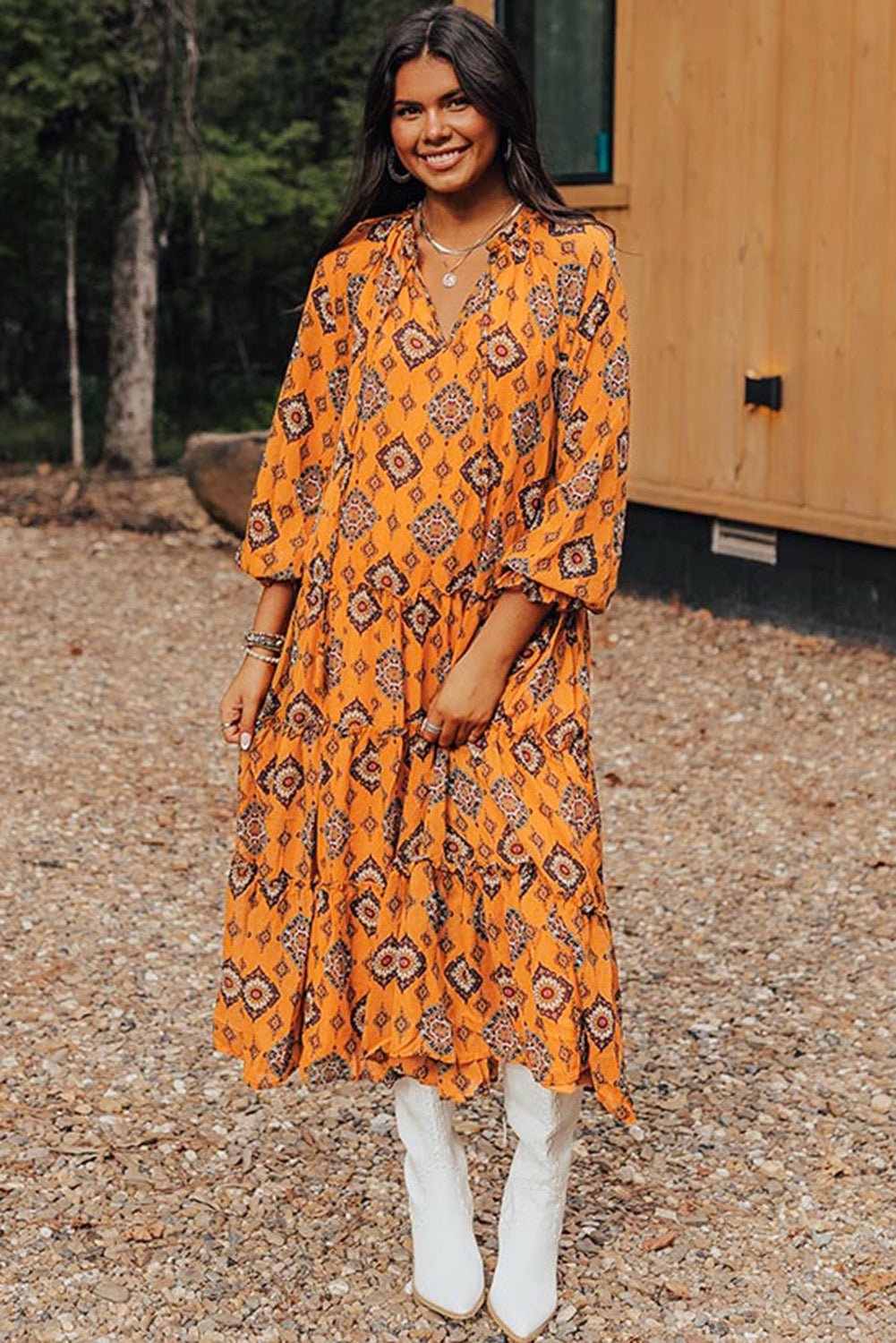 Orange Geometric Print Tiered Frilled Loose Fit Midi Dress