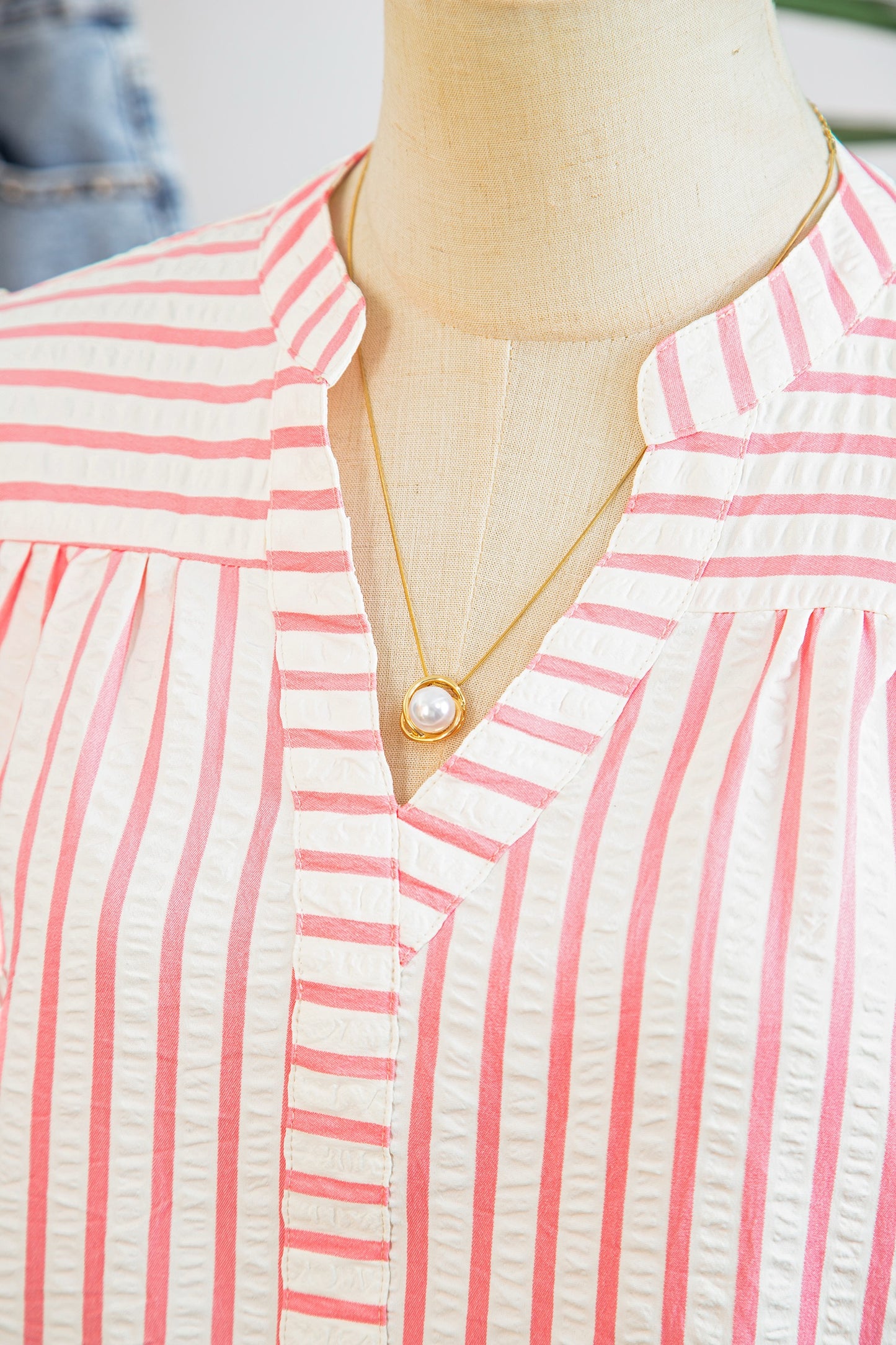 Pink Stripe Print Floral Embroidered Puff Sleeve V Neck Blouse