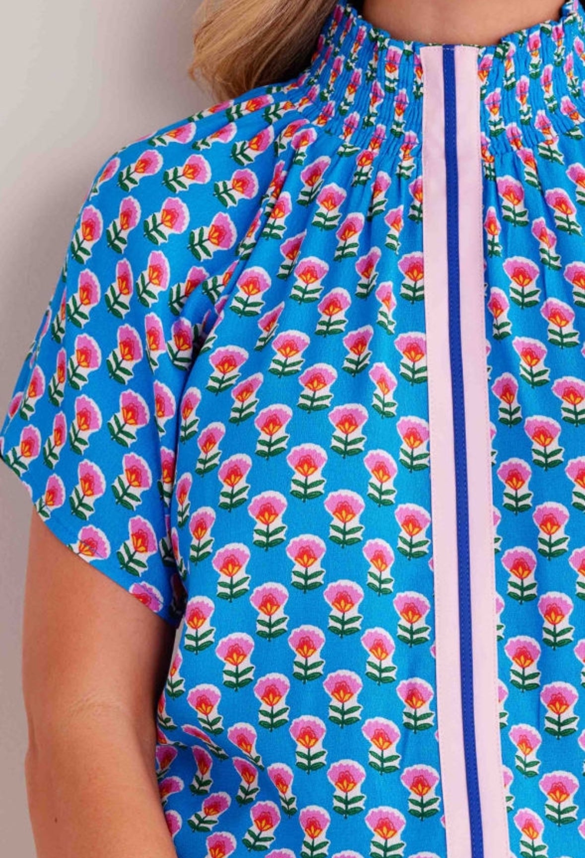 Blue Floral Stand Neck Short Skeeve Blouse