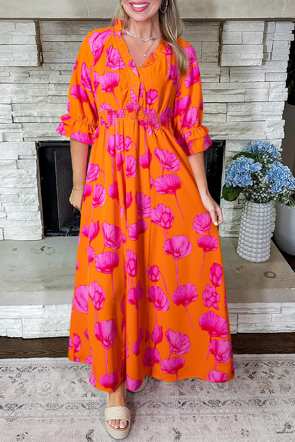 Orange Floral Print Frilly Smocked V Neck 3/4 Sleeve Maxi