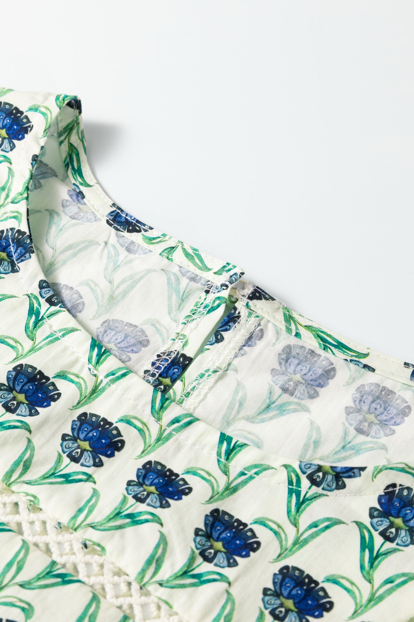 Block Print, Green Floral Print, Lace Detail, Ruffle Trim, Long Sleeve Blouse