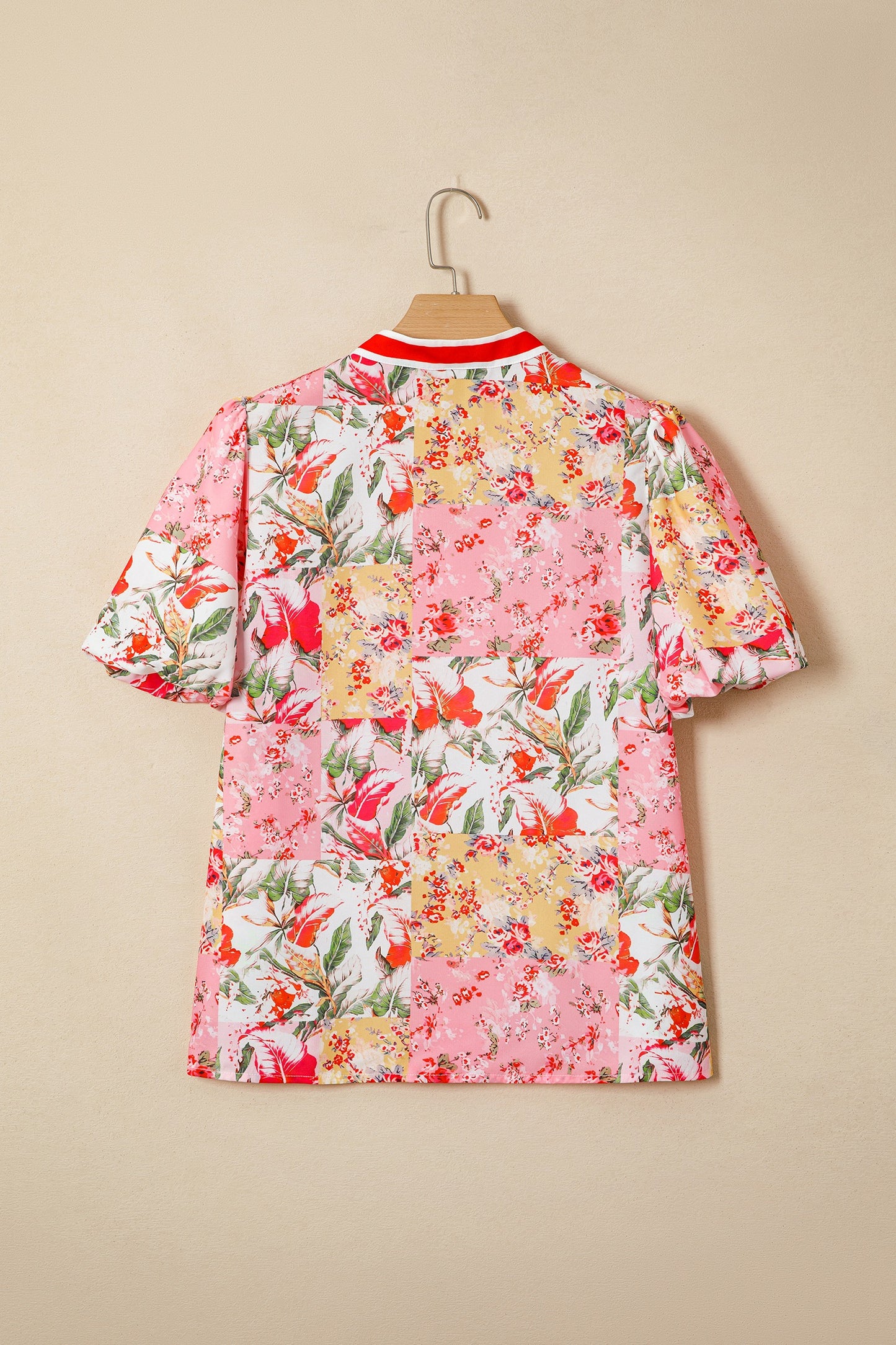 White Floral Print Striped Patchwork Button Neck Short Sleeve Blouse