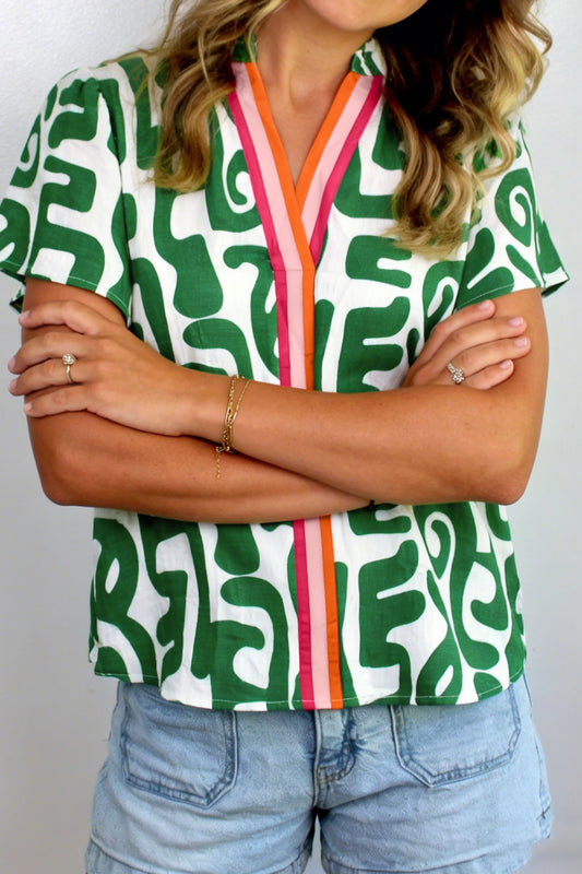 Short Sleeve Blouse Green Abstract Print Striped Trim V Neck Blouse