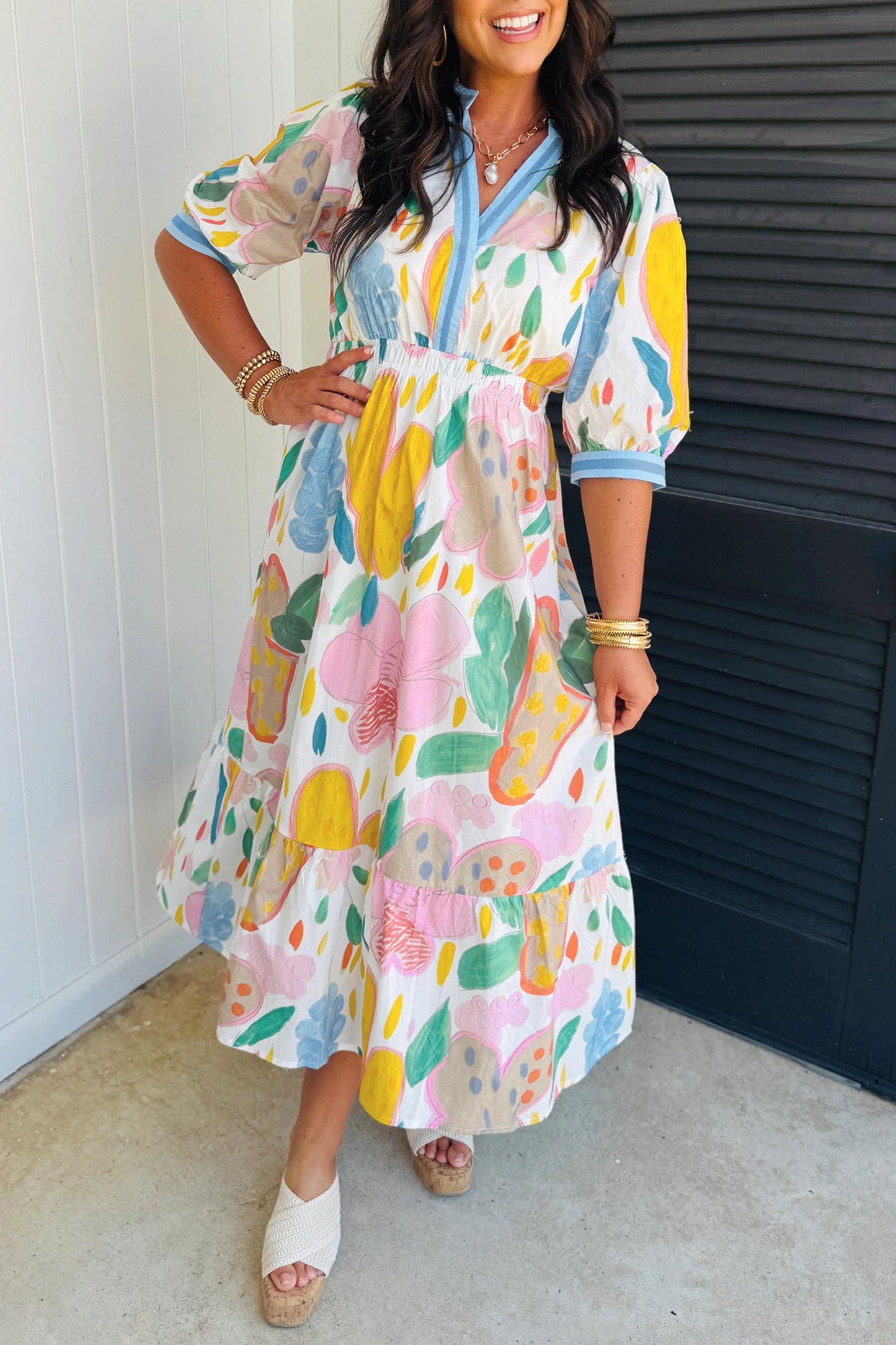Multicolour Floral Doodle Print Striped Trim V Neck Midi Dress