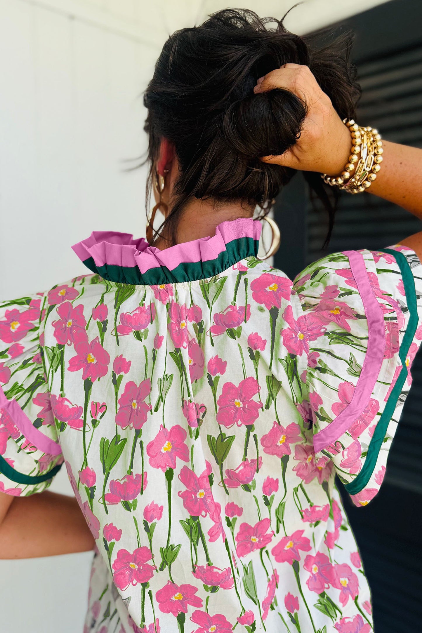Pink Floral Print Contrast Trim V Neck Double Ruffled Short SleeveTop