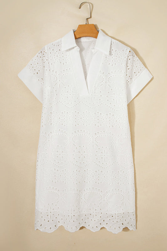 White Eyelet Embroidered Shirt Dress