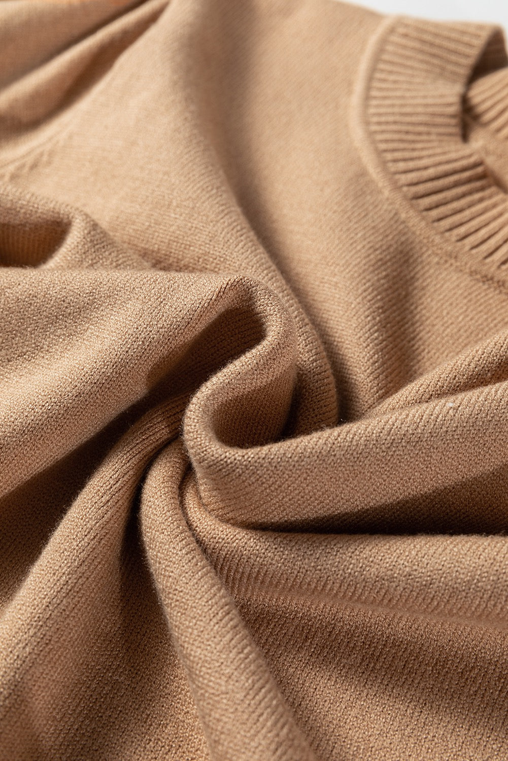 Light French Beige Solid Color Knit Short Puff Sleeve Sweater