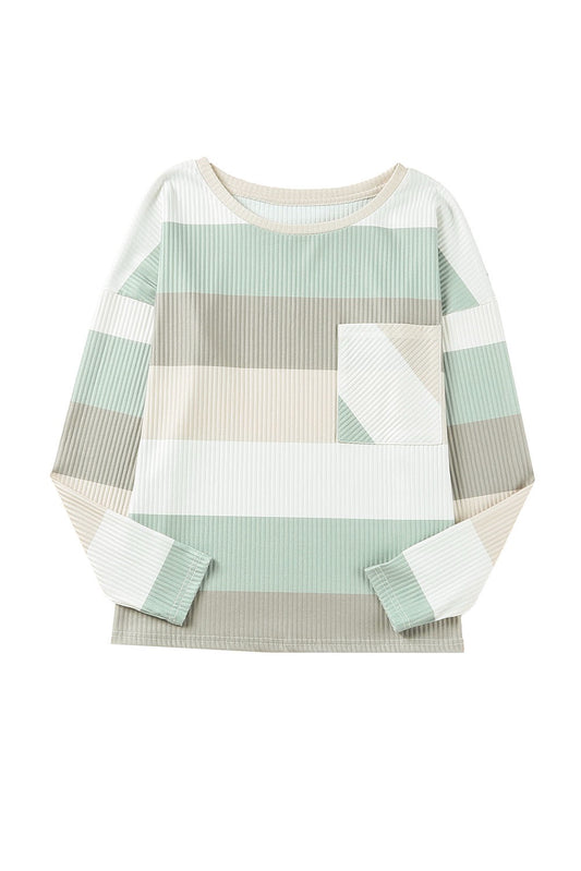 Green Color Block Ribbed Long Sleeve Top With Pocket