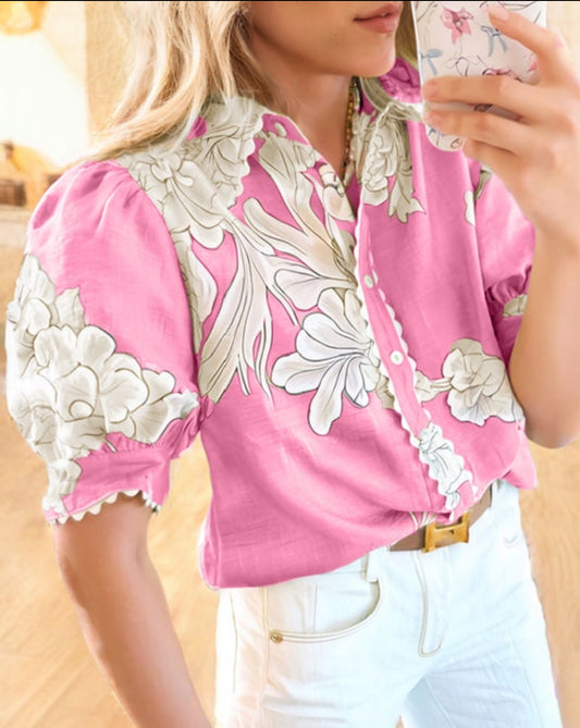 Pink Floral Ric Rac Trim Puff Sleeve Button Up Shirt