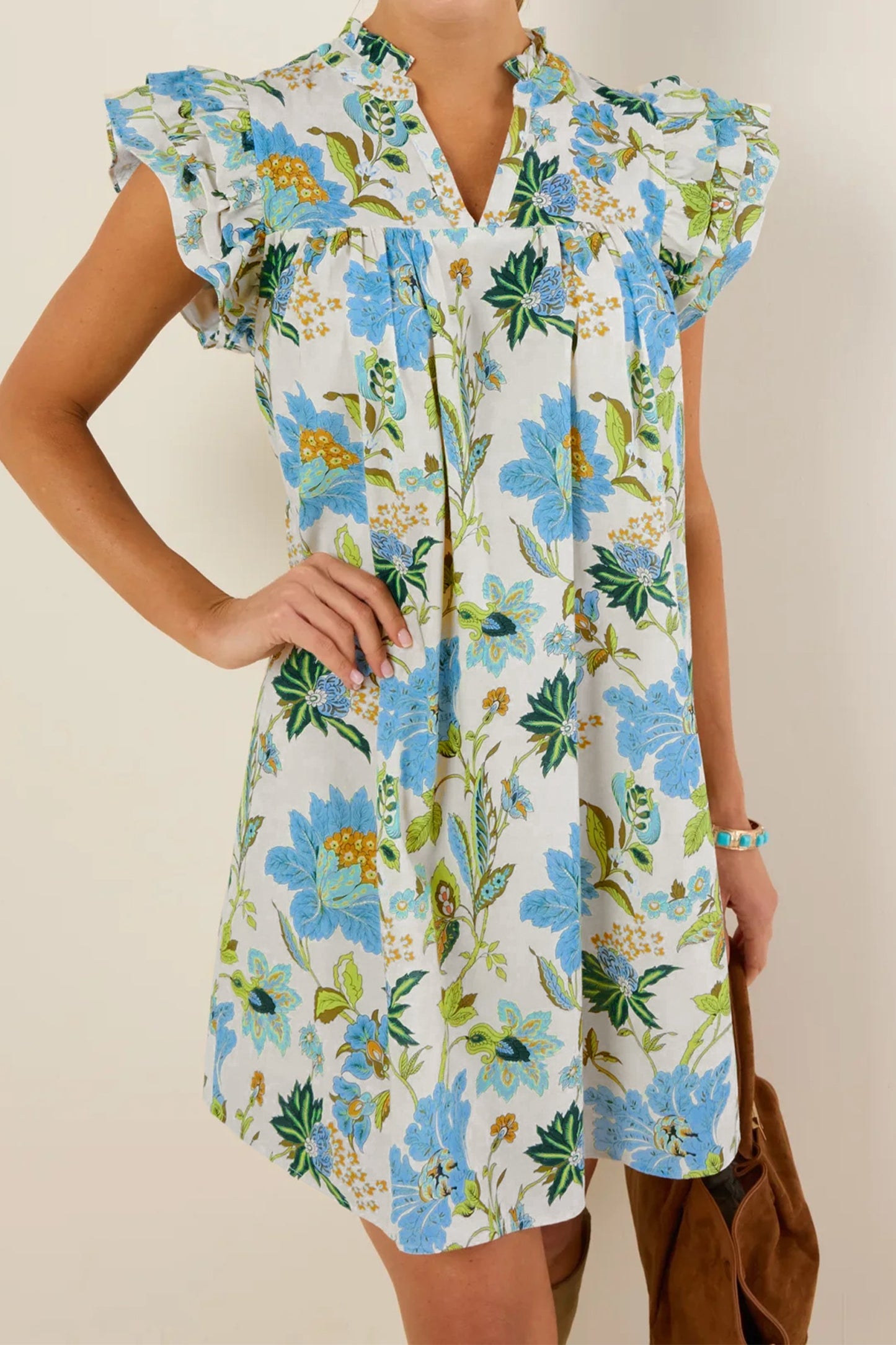 Beige Floral Print V Neck Triple Ruffle Short Sleeve Shift Dress