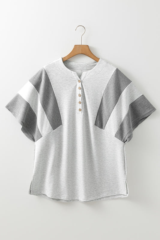 White Stripe Ribbed Trim Round Neck Bubble Sleeve Patched Buttoned V Neck Top