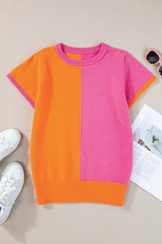Two Tone Color Block Cap Sleeve Sweater Top