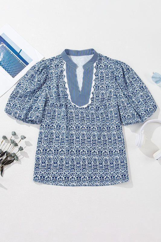 Blue Floral Striped Print Contrast Ric Rac Puff Sleeve Top