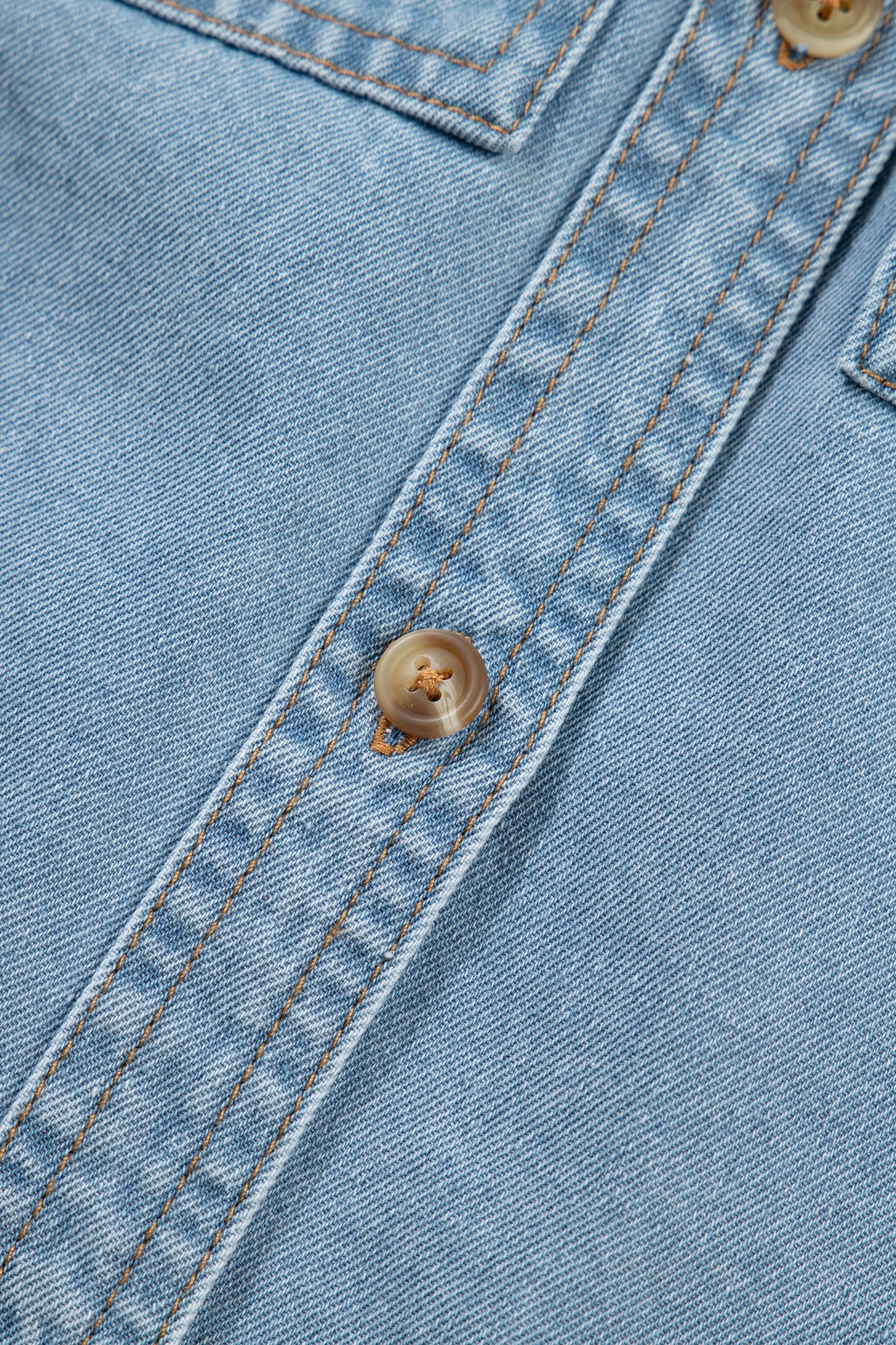 Ruffle Detail Short Puff Sleeve Button Down Flap Pocket Denim Shirt