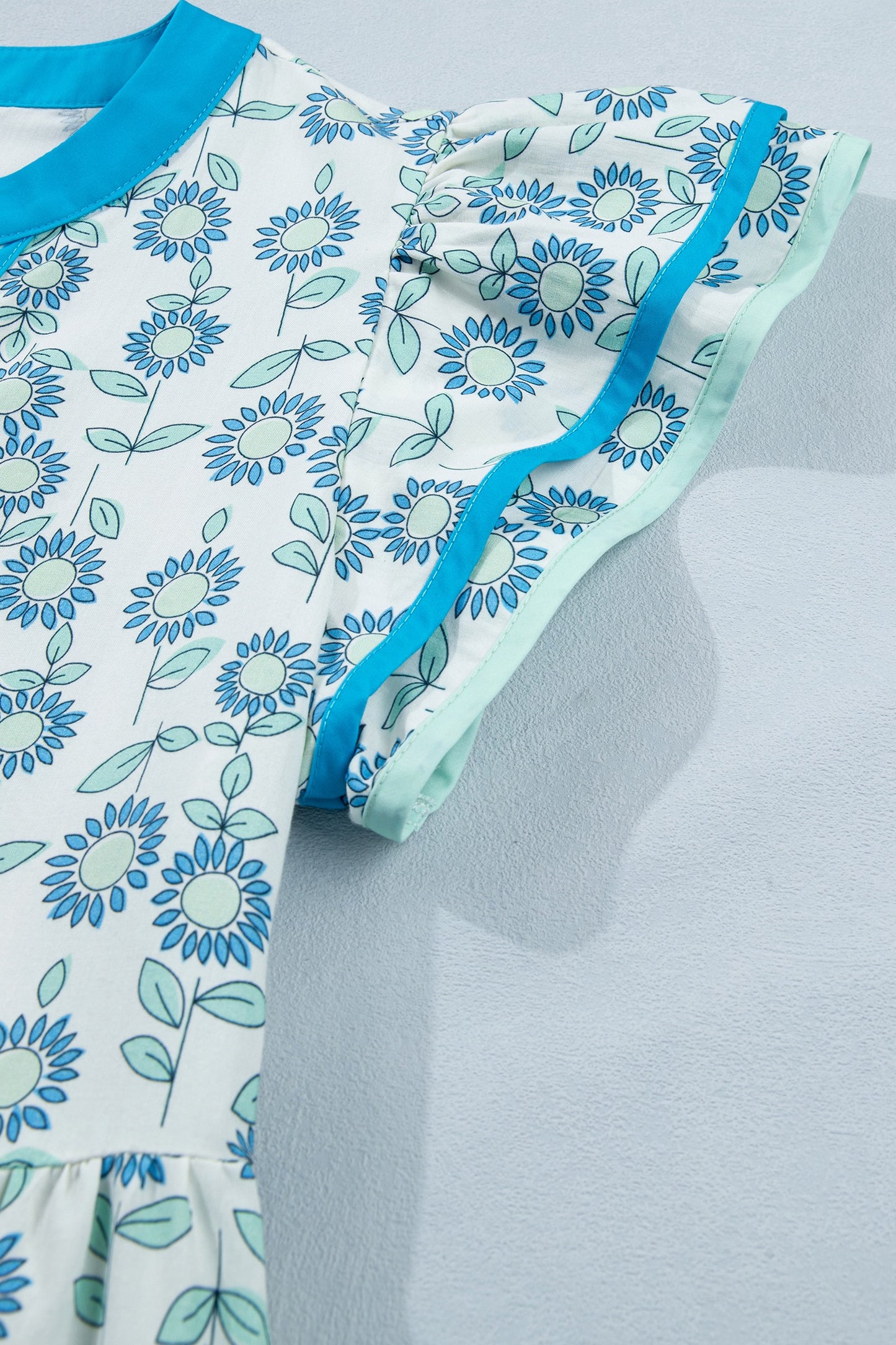 Blue Floral Print Contrast Trim Flutter Sleeve Dress
