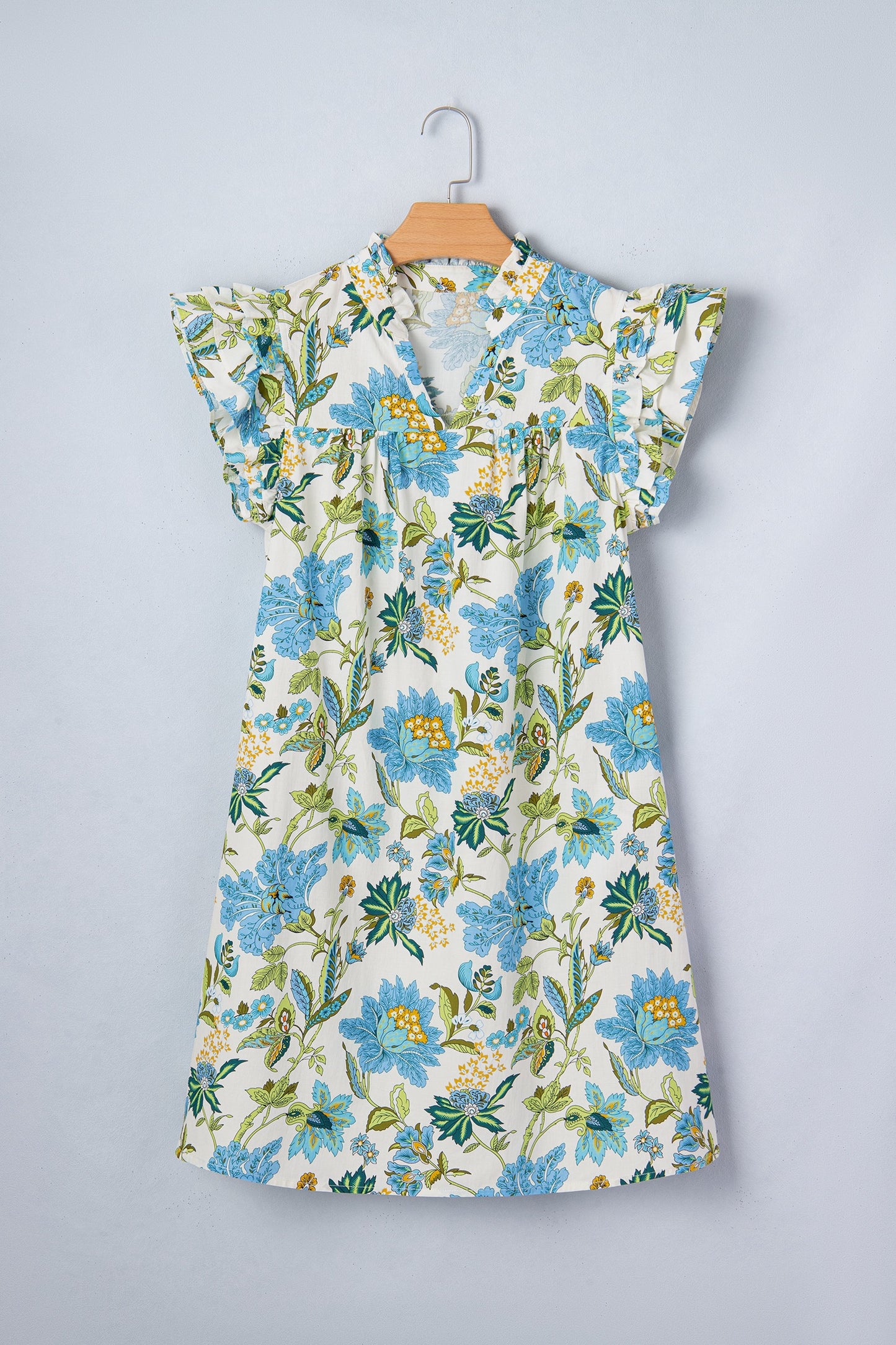 Beige Floral Print V Neck Triple Ruffle Short Sleeve Shift Dress
