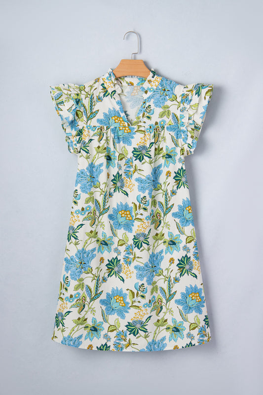 Beige Floral Print V Neck Triple Ruffle Short Sleeve Shift Dress
