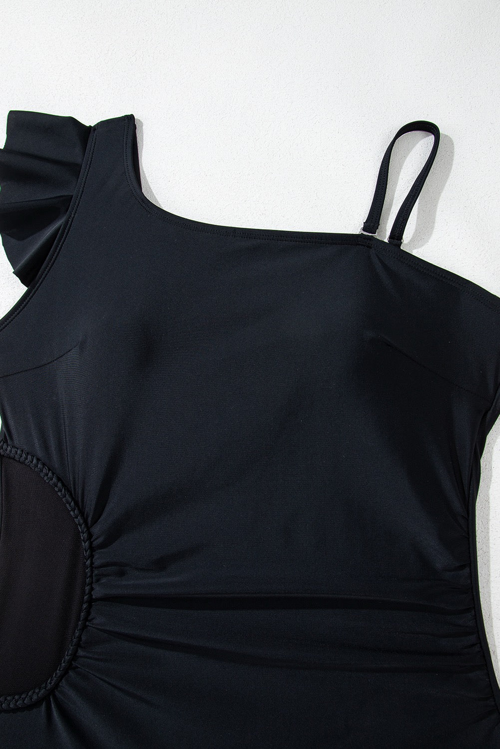 Black Asymmetrical Ruffle Pleated One Piece Bathing Suit