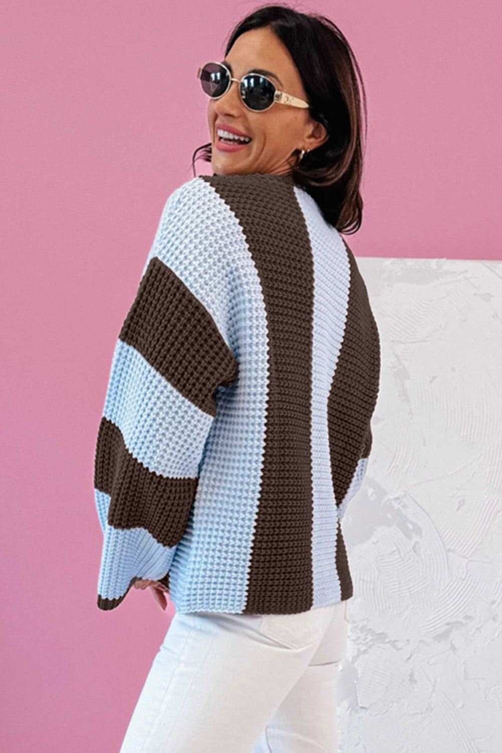 Striped Color Block Thermal Textured Knit Drop Shoulder Sweater