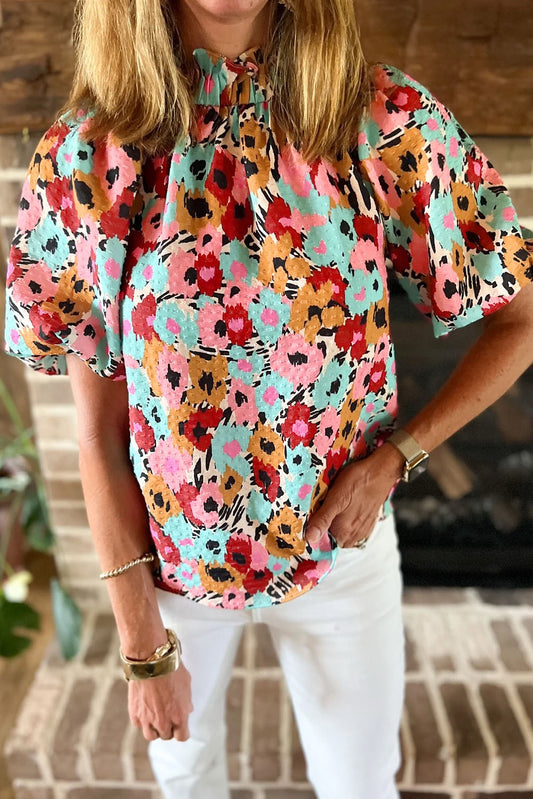 Floral High Neck Blouse with Button Back Detail