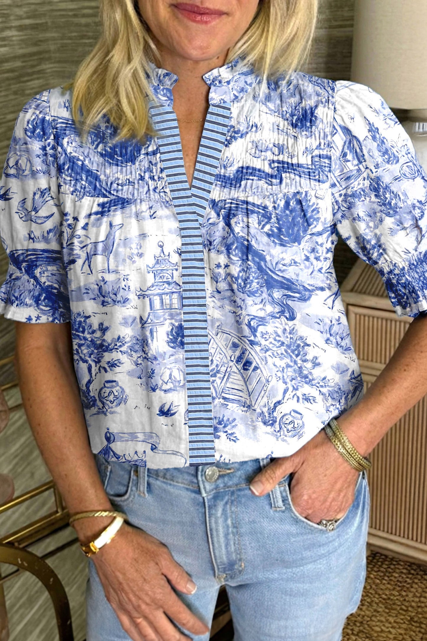 Blue Animal Paradise Striped Detail V Neck Top