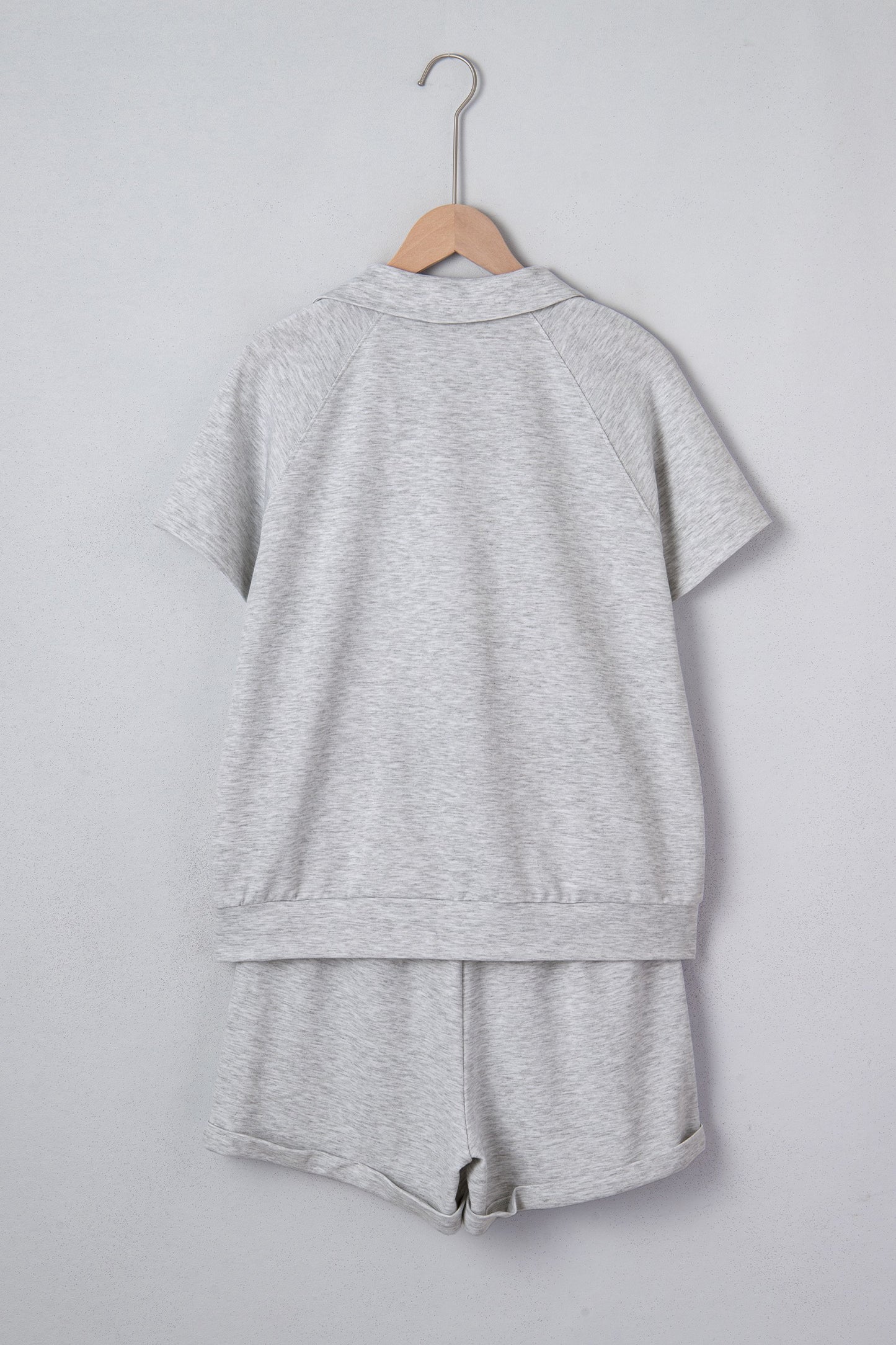 Light Grey Collared V Neck Tee Drawstring Elastic Waist Shorts 2pc Set