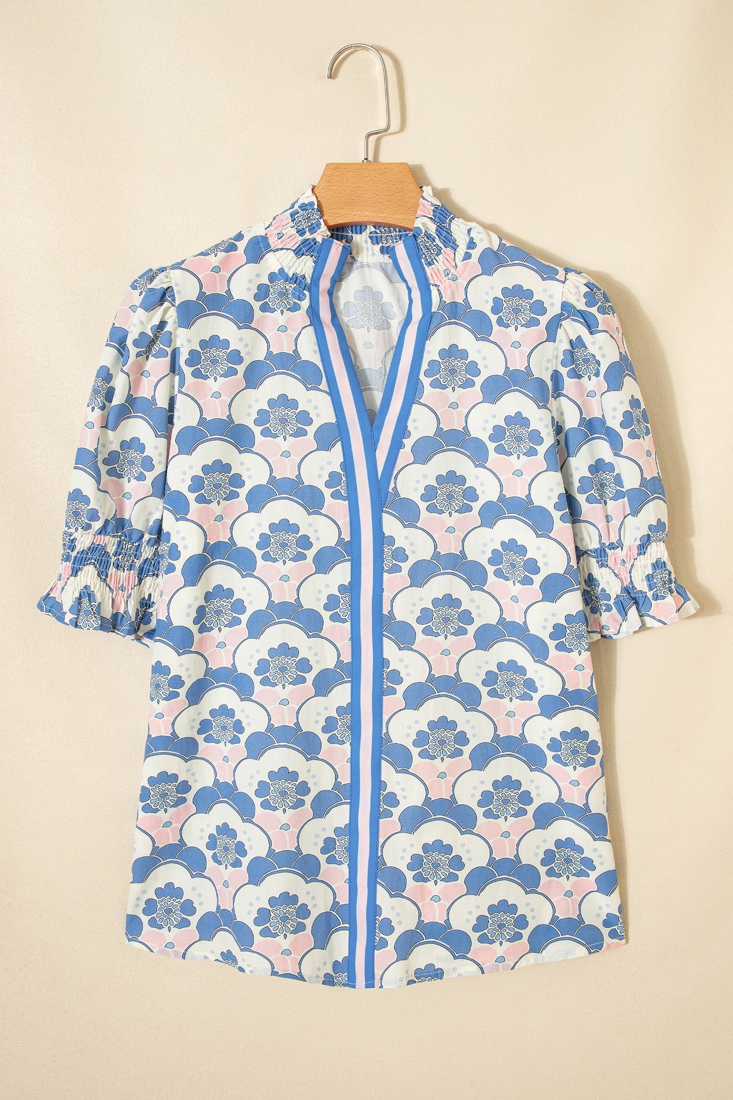 Blue Floral Print Flounce Short Sleeve Contrast Trim V Neck Blouse