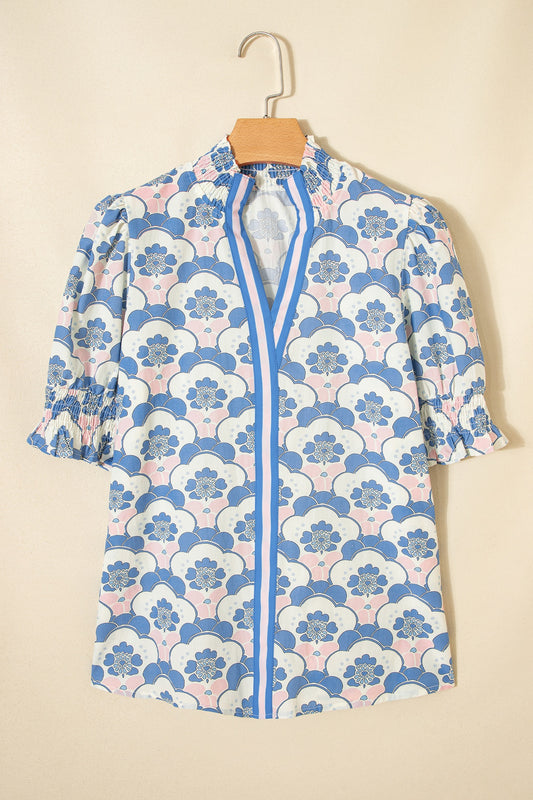 Blue Floral Print Flounce Short Sleeve Contrast Trim V Neck Blouse
