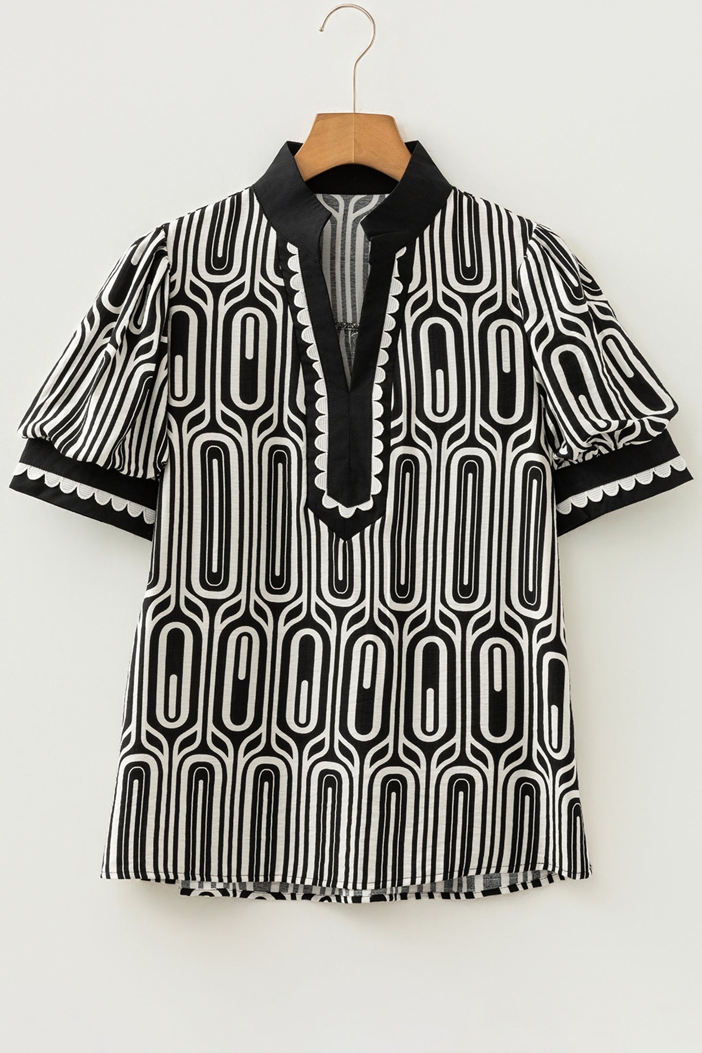Black Geometric Print Contrast Scallop Color Block Patchwork Short Sleeve Shirt