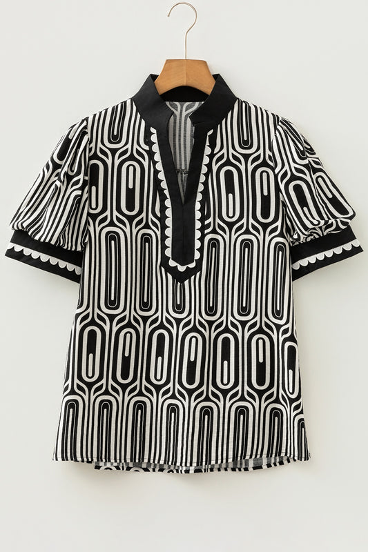 Black Geometric Print Contrast Scallop Color Block Patchwork Short Sleeve Shirt