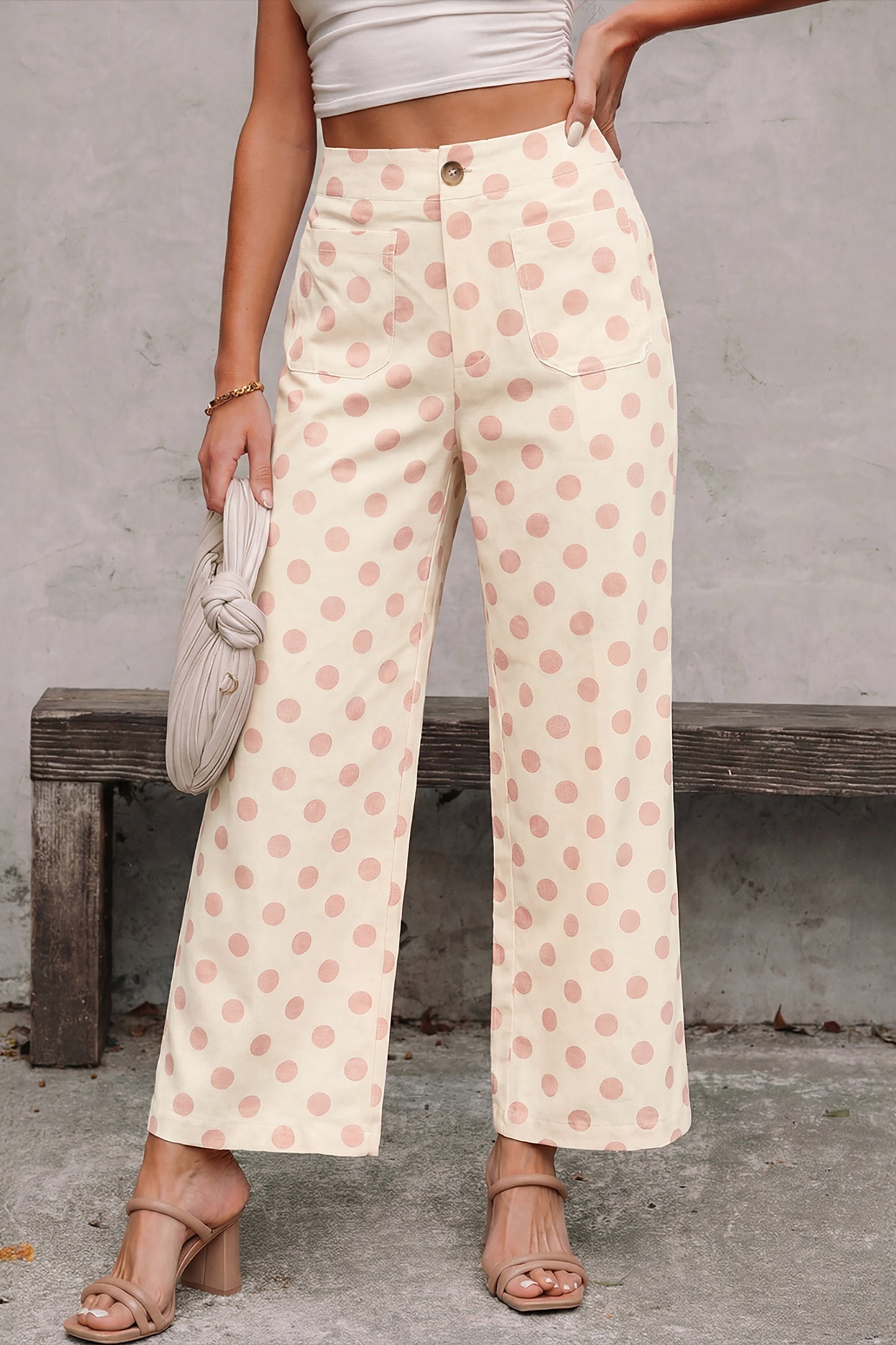 Pink Polka Dot Print Patched Pocket Loose Fit Pants