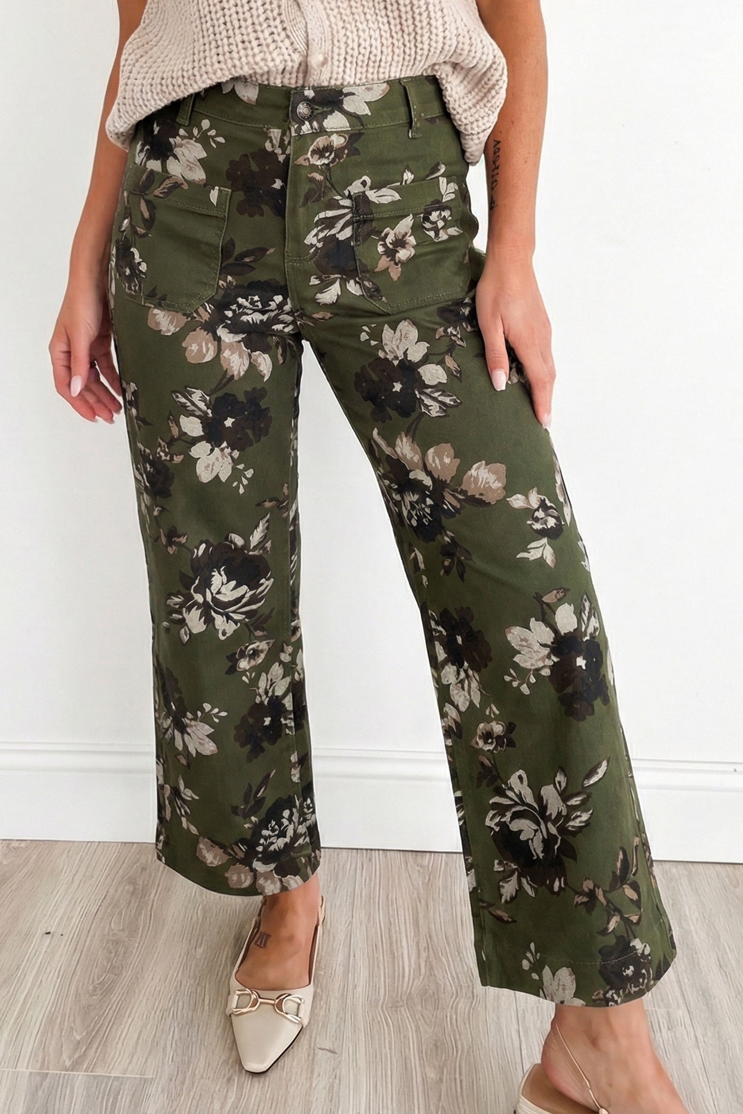 Green Vintage Floral Print Square Patch Pocket Raw Hem Jeans (back ordered to April 5)