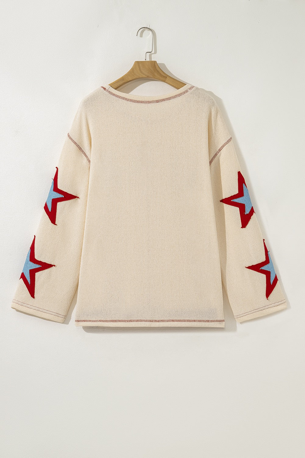 Beige USA Star Contrast Patchwork Exposed Seam Long Sleeve Top