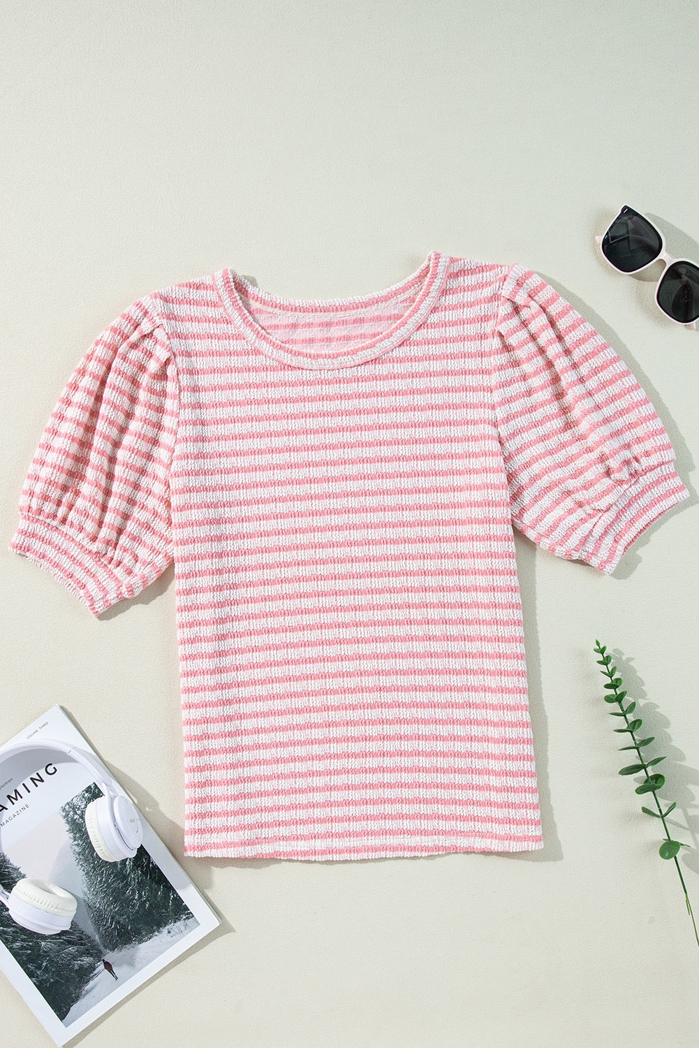 Pink Stripe Textured Puff Sleeve Crewneck Tee