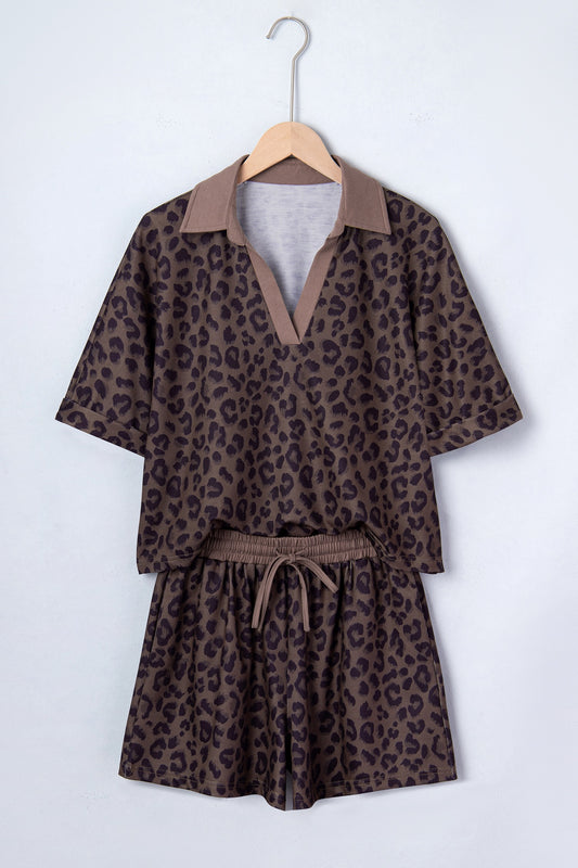 Brown V Neck Collar Leopard Printed Set