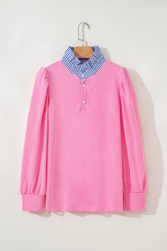Pink Button Striped Collar Patchwork Puff Sleeve Sweatshirt