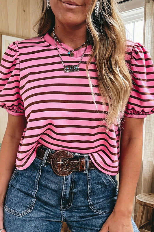 Pink Stripe Striped V-Neck Ribbed Collar Puff Sleeve Top