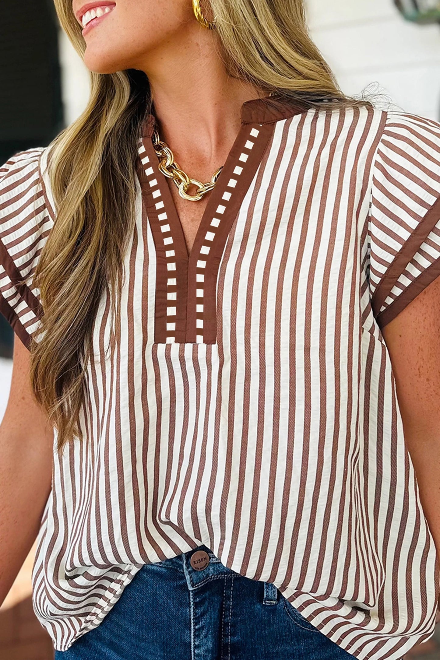 Khaki Stripe Double Ruffled Short Sleeve Top