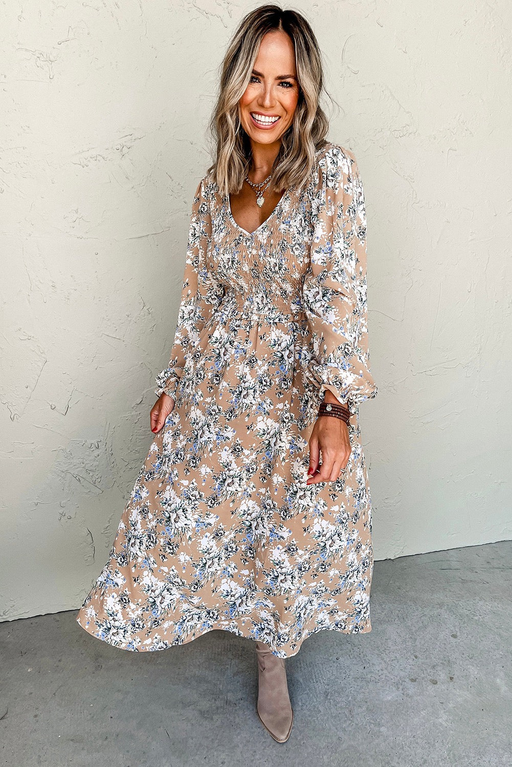 Khaki Maple Grove Floral Smocked Puff Sleeve Dress